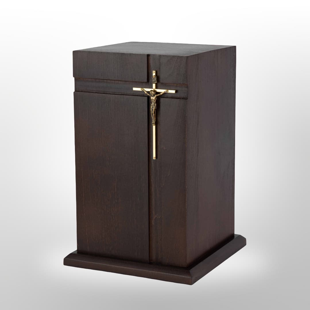 Holzurne in Dunkelbraun mit Kreuz
