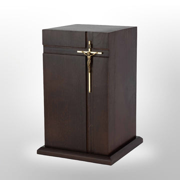 Holzurne in Dunkelbraun mit Kreuz