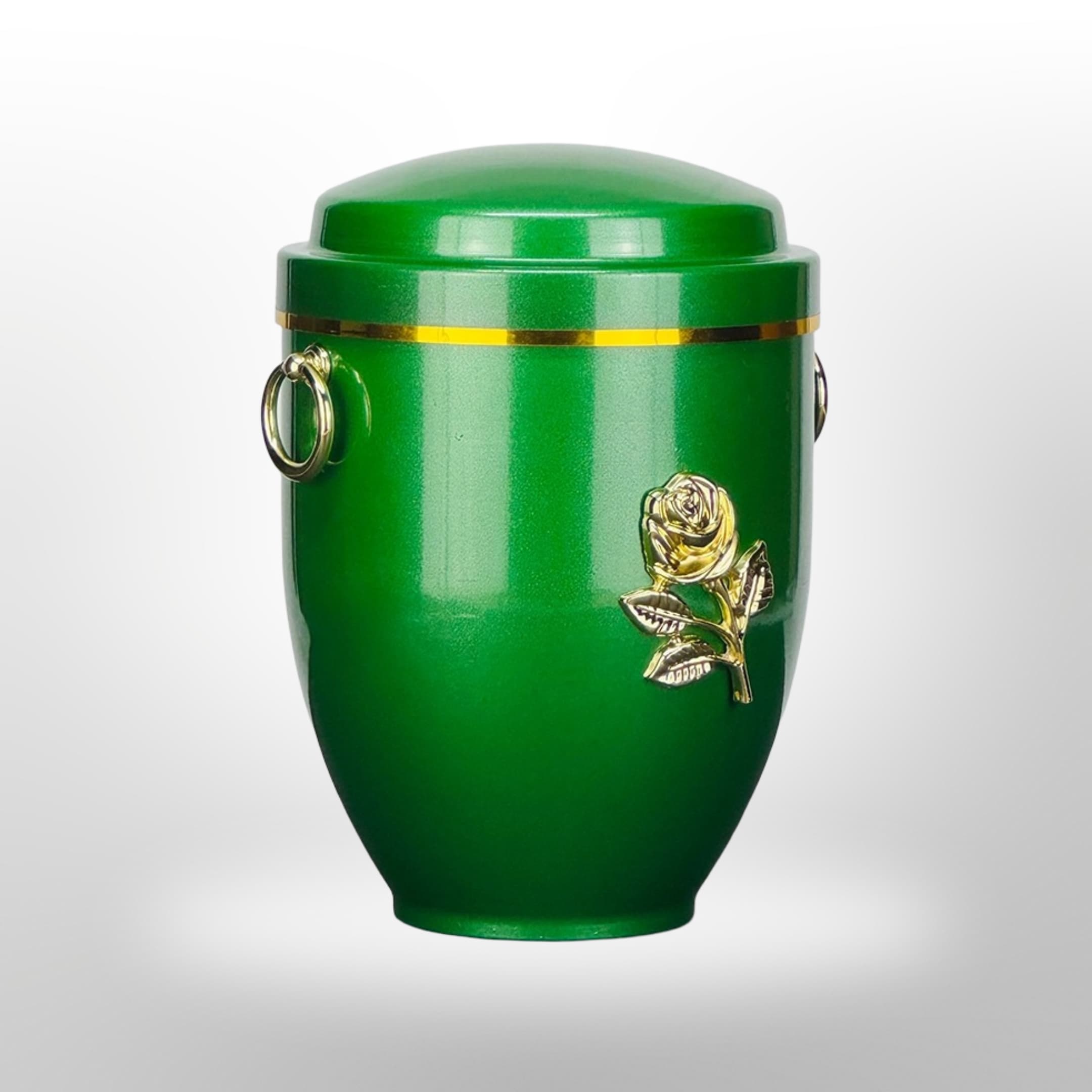 Metallurne in Grün mit Griffen und Rose.