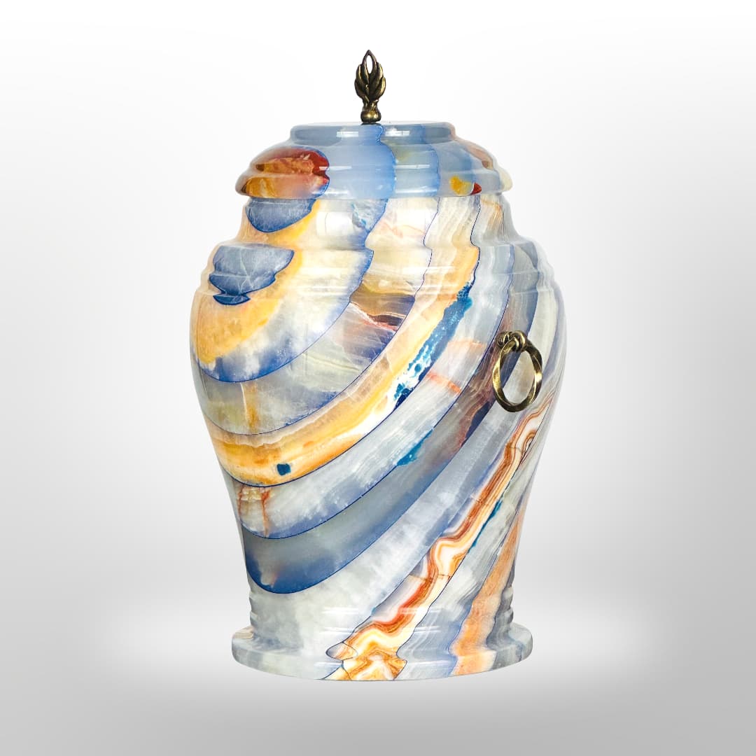 Onyx Stein Urne mit Griffen — Blau-Gelb