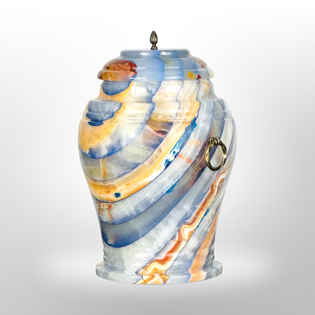 Onyx Stein Urne mit Griffen — Blau-Gelb