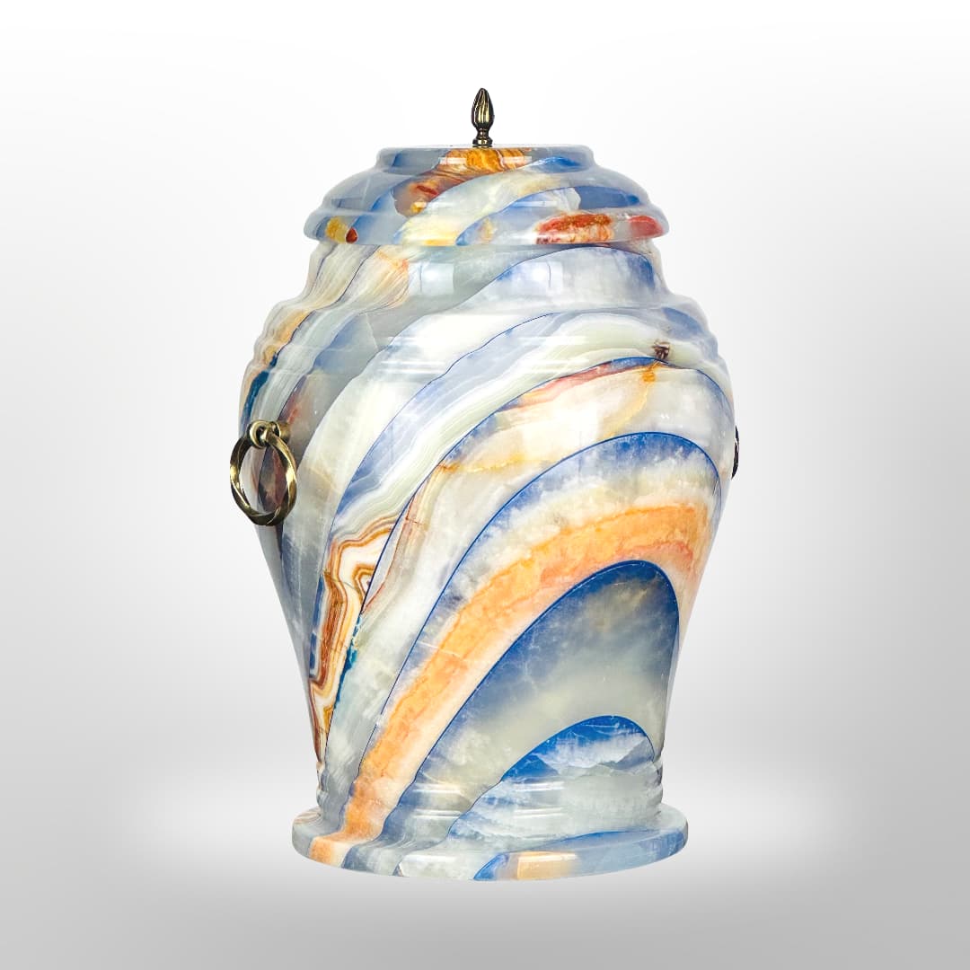 Onyx Stein Urne mit Griffen — Blau-Gelb