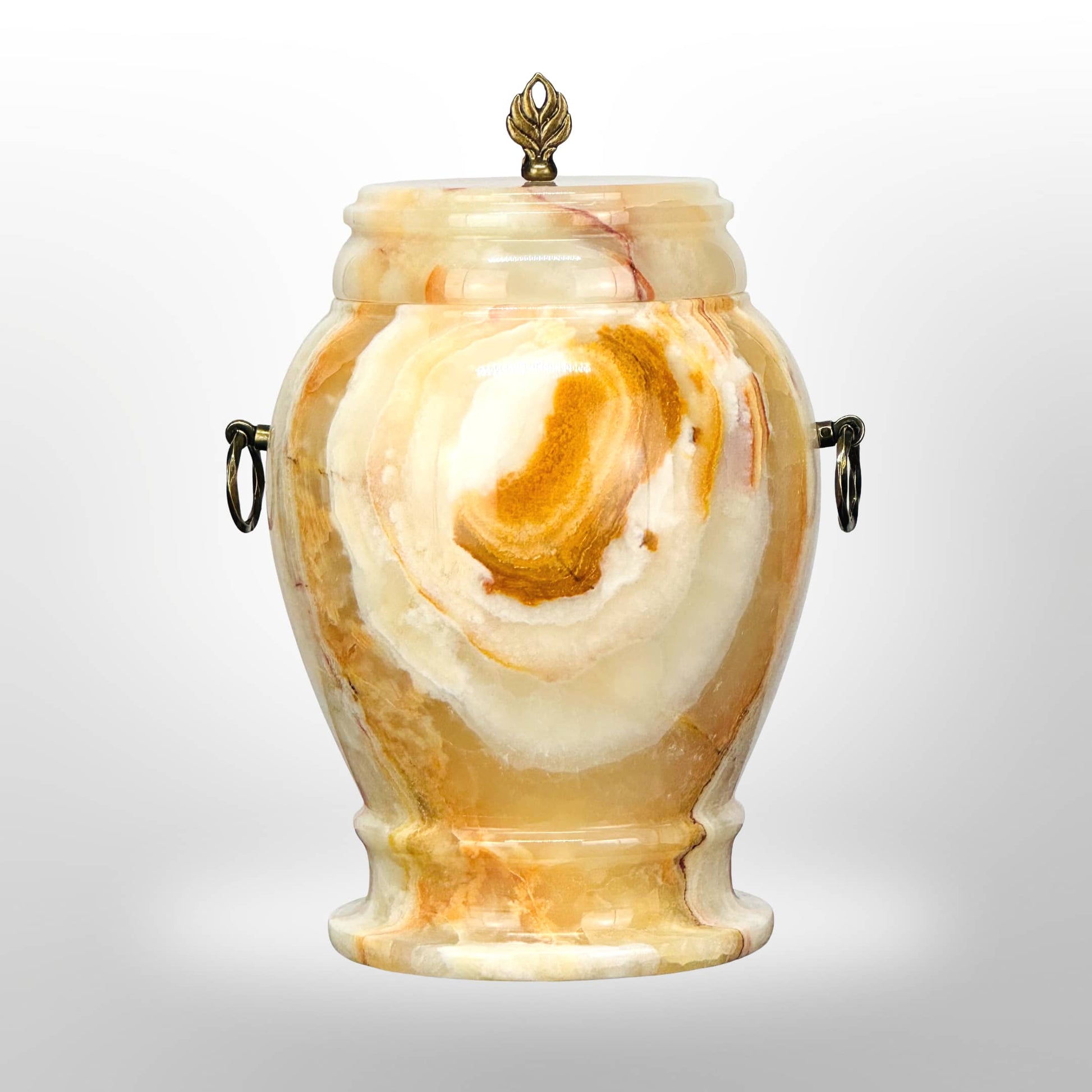 Onyx Steinurne in Gelb-Weiß mit Griffen