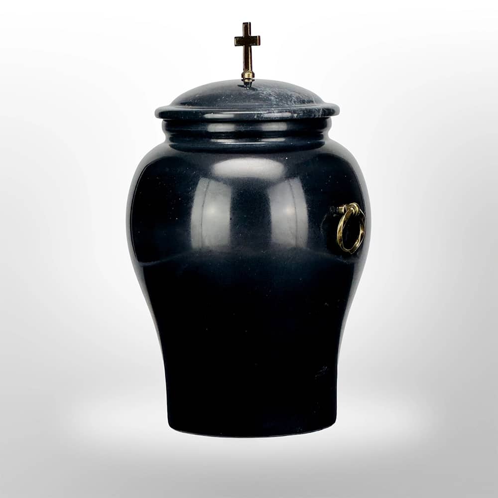 Schwarze Urne aus Stein mit Griffen