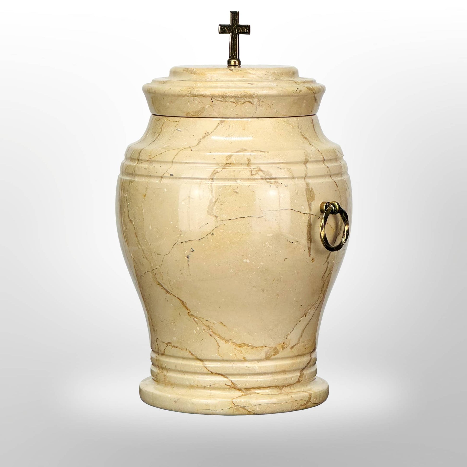 Urne aus beigem Stein mit Griffen