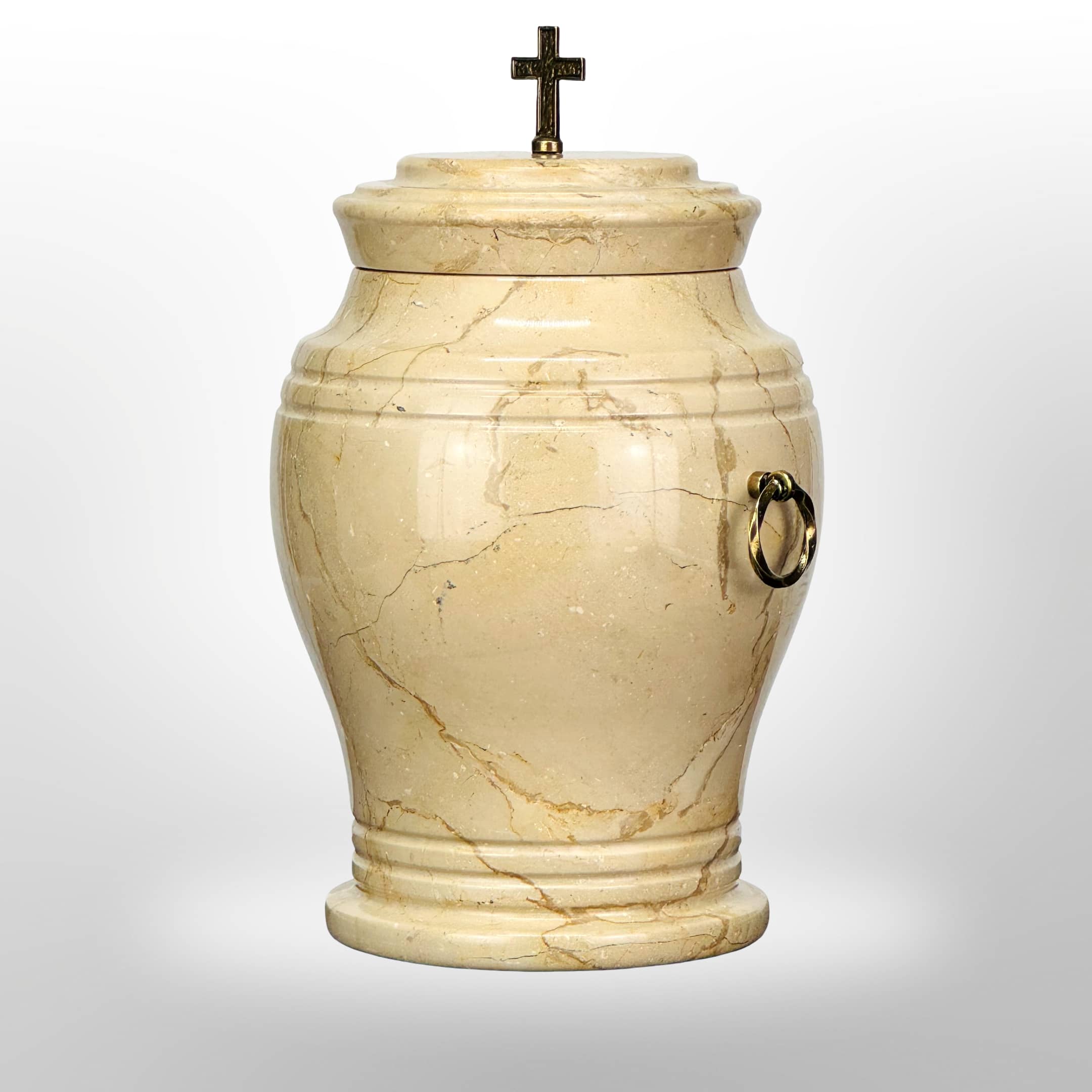 Urne aus beigem Stein mit Griffen