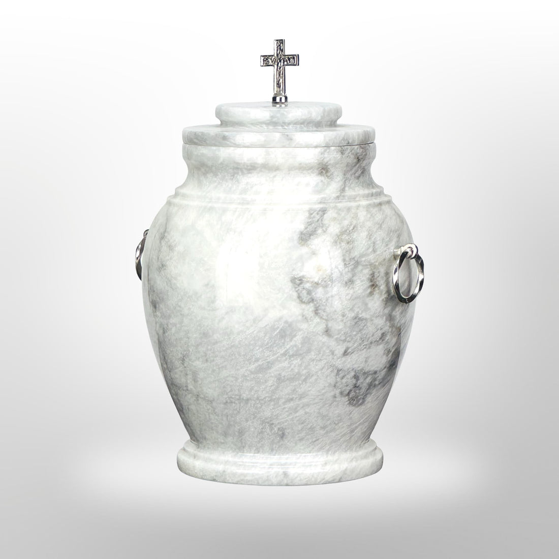 Weiße Steinurne mit Griffen