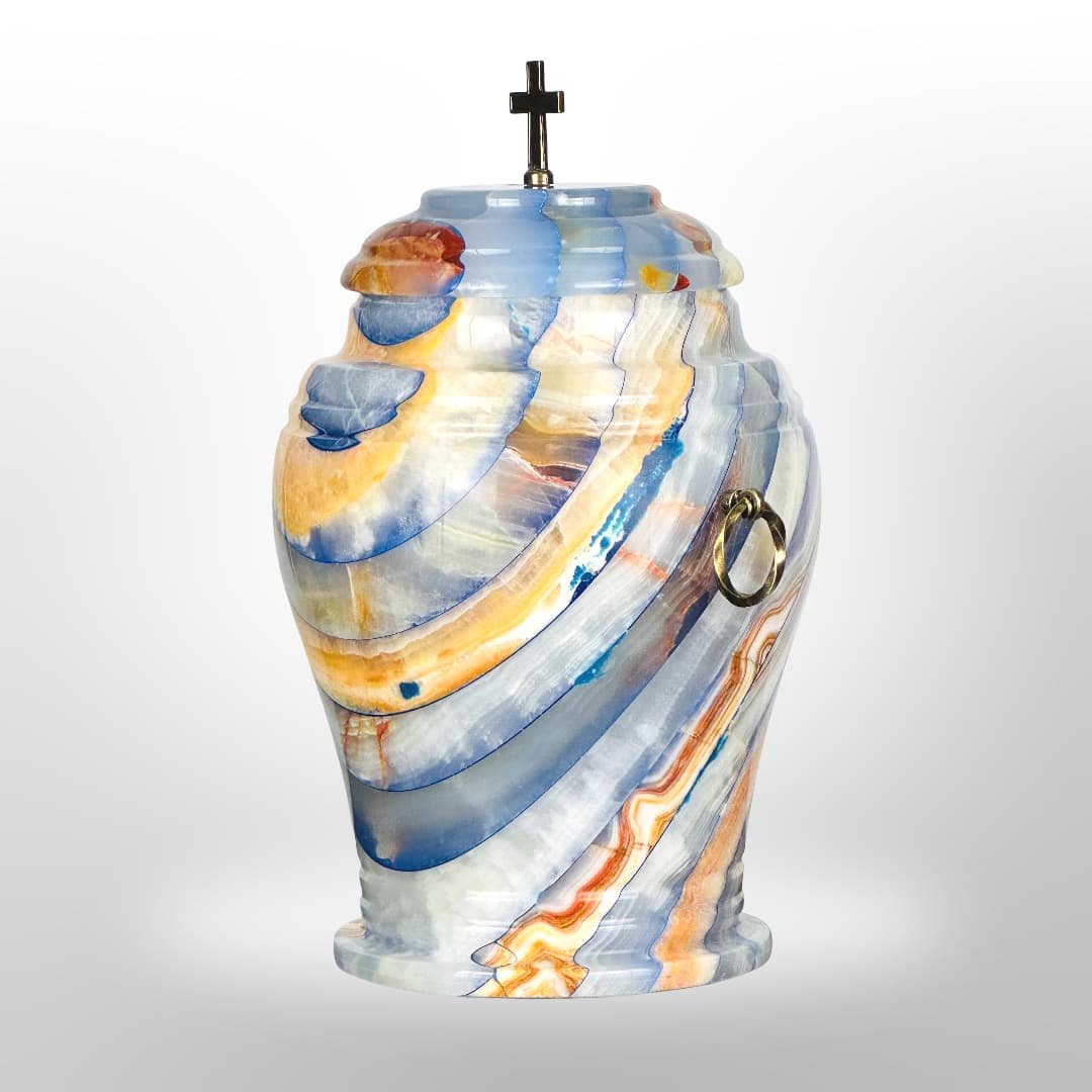 Onyx Stein Urne mit Griffen — Blau-Gelb