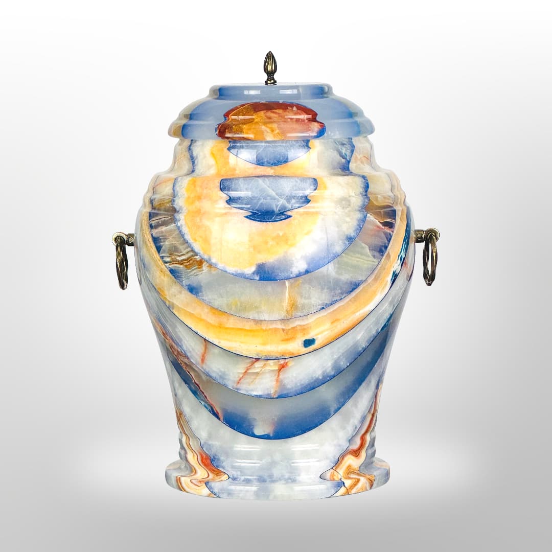 Onyx Stein Urne mit Griffen — Blau-Gelb