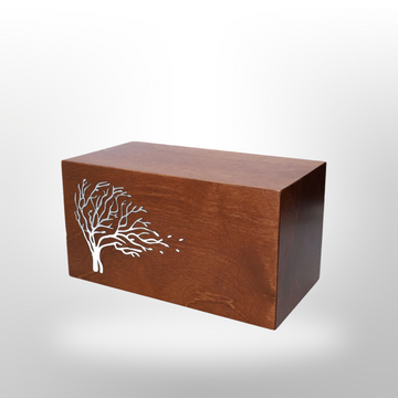 Rechteckige Holzurne mit Lebensbaum-Motiv