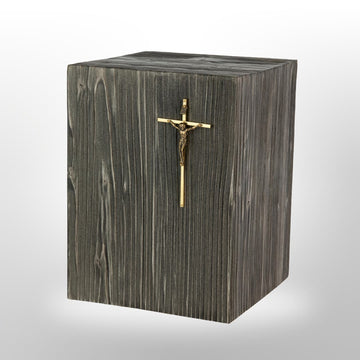 Urne aus dunklem Holz mit Kreuz