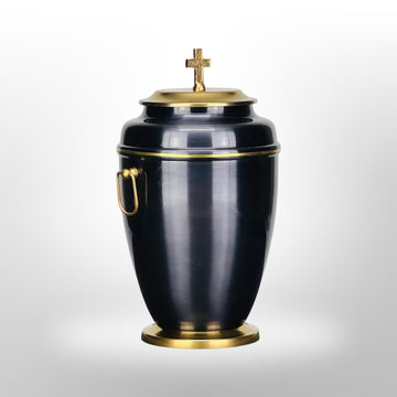 Urne in Schwarz mit Goldverzierung und Kreuz, 3,5 l