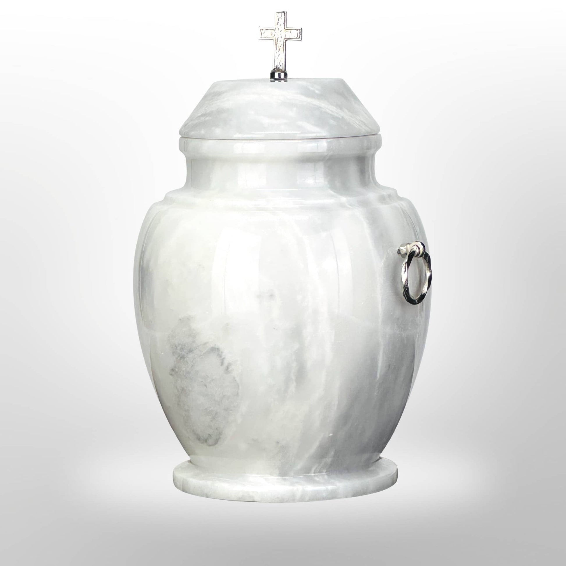 Weiße Stein Urne mit Kreuz oder ,,Flamme"