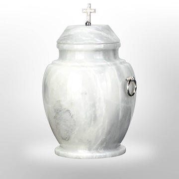 Weiße Stein Urne mit Kreuz oder ,,Flamme"