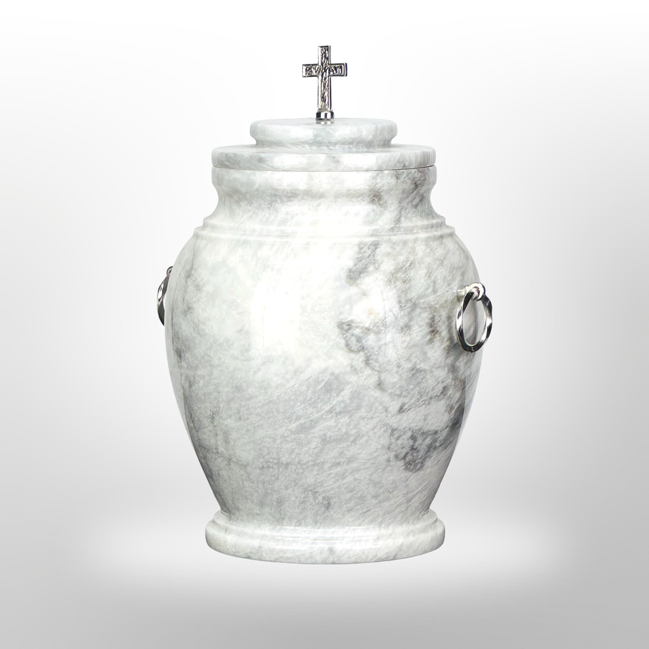 Weiße Steinurne mit Griffen